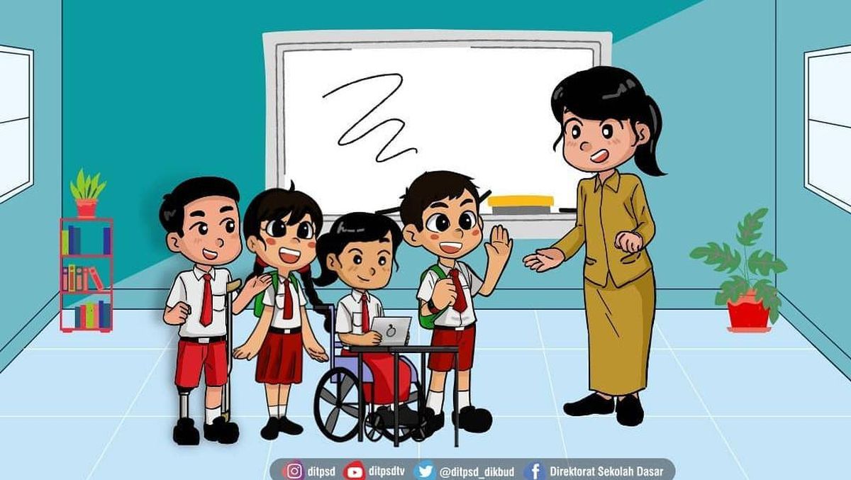 Gambar siswa dengan kebutuhan berbeda belajar bersama di ruang kelas inklusif yang modern